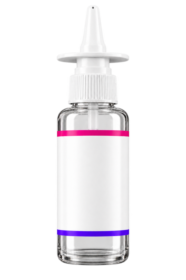 NAD+ 500 mg — nasal glass spray bottle, bwell packaging illustration